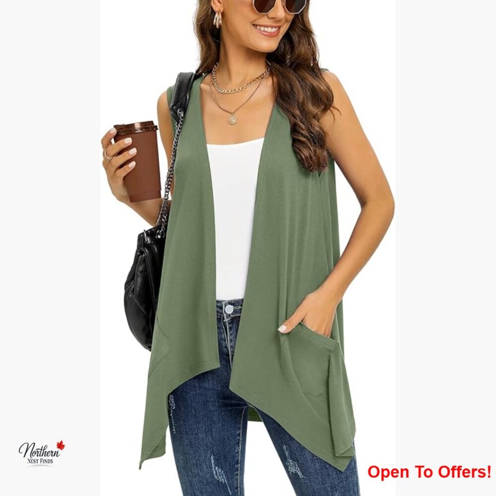 Lightweight Sleeveless Cardigan Vest with Pockets High Low Hem